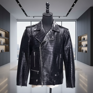 Veste de moto en cuir de crocodile noir pour homme, coupe ajustée, col ouvert, fermeture éclair, manches longues, vêtements d'extérieur pour l'hiver et l'automne - Product Image 1
