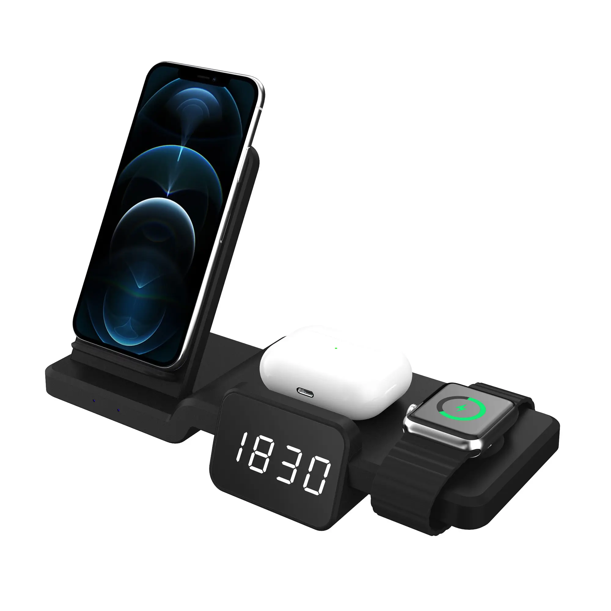 Wholesale 3 in 1 Wireless Charger with Led Alarm Clock Charging Holder Stand Station For Iphone and watch Airpods Time Charger