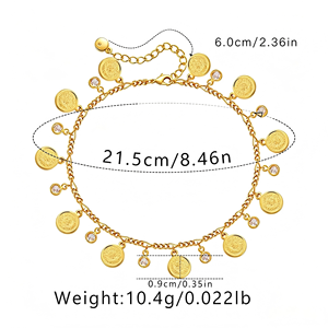 Chaîne de cheville bohème ajustable en cuivre plaqué <span class=keywords><strong>or</strong></span> 18 carats avec pendentif pièce de monnaie et zircon transparent, cadeau pour <span class=keywords><strong>femme</strong></span> - Product Image 5
