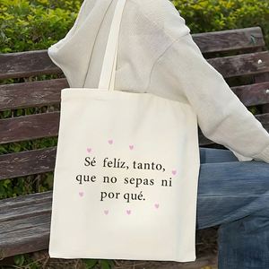 Sac fourre-tout en toile inspiré de l'Espagne, imprimé recto-verso, grande capacité, réutilisable, avec motif de cœurs roses, 1 pièce. - Product Image 1