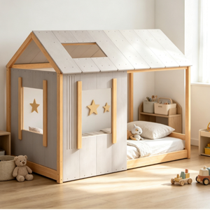 Lit Maison Montessori Moderne en Bois Massif pour Enfants, Lit au Sol pour Tout-Petits avec Toit Gris et Porte Coulissante - Vente en Gros - Product Image 1