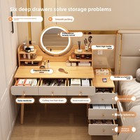 Table de toilette Japandi en MDF écologique avec miroir de maquillage éclairé par LED et armoire latérale intégrée, bureau multifonctionnel pour chambre à coucher