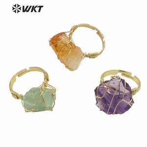 WT-R366 WKT新设计黄金手工制作金属丝包裹矿石戒指女性时尚热生石英萤石戒指 - Product Image 1