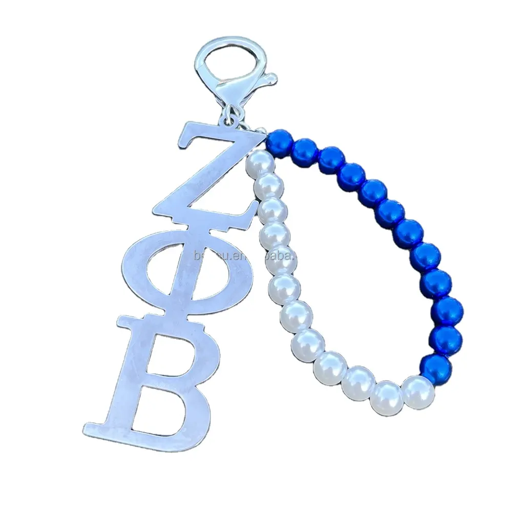 Zpb Hy Lạp sorority Móc chìa khóa trắng màu xanh ngọc trai không gỉ chữ Mặt dây chuyền khóa Khóa của phụ nữ đồ trang sức quà tặng phụ kiện