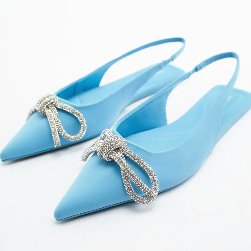 Deleventh shoes 115656 attractive rhinestone bowtie shoes elegant ladies shoes custom flat mules blue in stock