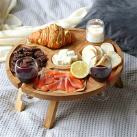 Portable 2 en 1 Plateau à Fromage en Bois Table de Pique-Nique Pliante en Bois avec Porte-Verre à Vin
