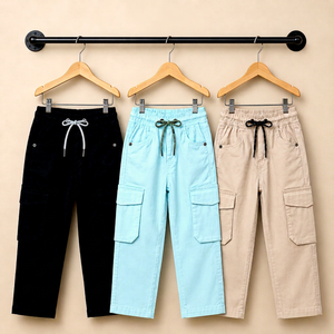 Pantalon cargo pour garçons MEOW FASHION, longueur intégrale, taille élastique, couleur unie, décontracté, poches plaquées, fermeture boutonnée, effet délavé, léger - Product Image 1