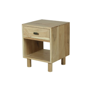 Mesita de noche con acento moderno, hecha de madera maciza de Acacia con estante de un cajón, detalles intrincados tallados, uso en dormitorio de Hospital - Product Image 1