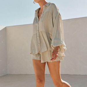 Nuevo Conjunto de Dos Piezas de Lino Personalizado, Camisa de Lino con Cuello Camisero, Pantalones Cortos de Lino con Cintura Elástica y Volantes - Product Image 1