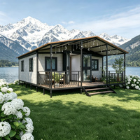 Casa Contenedor Prefabricada Moderna y Expandible con Techo Inclinado, Porche y Varios Materiales de Pared para Jardín, Campamento o Casa de Huéspedes