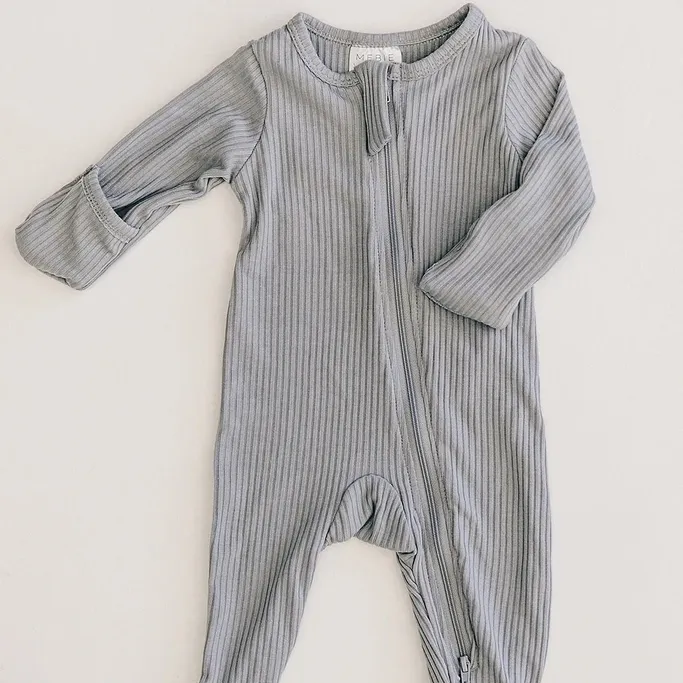 High Quality Grey Ribbed Footed One-piece Zipper 100% Organic Cotton Playsuit