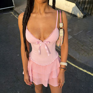 2026 <b>Summer</b> <b>Teen</b> Girls Pink Casual V Neck Bowknot Front Natural Mesh Spliced Hem Sleeveless Padded Short Line Suspender <b>Dress</b> - Product Image 4