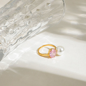 Pearl <b>Ring</b> 18K Gold Plated Pink Cubic Zirconia With Pearl <b>Adjustable</b> For Women Everyday Wear - Product Image 2