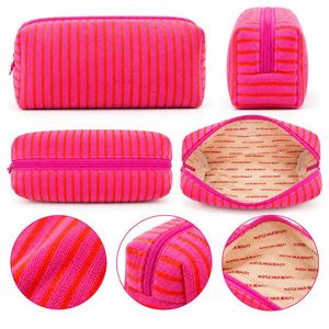 Bolsa de Cosméticos de Tela de Rizo con Etiqueta Privada, Logotipo Impreso Personalizado, Forro a Rayas, Bolsa de Maquillaje con Adorno de Cuentas para Marcas de Belleza - Product Image 1