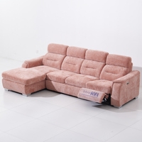 Canapé-lit sectionnel moderne de luxe en tissu rose avec fauteuil inclinable électrique, rangement et plateau porte-gobelets escamotable pour salon