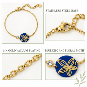 สร้อยข้อมือสแตนเลสสตีลชุบทอง 14K สีทองประดับดอกไม้สีน้ำเงินและเพทาย พร้อมตัวล็อกแบบก้ามปู - Product Image 4