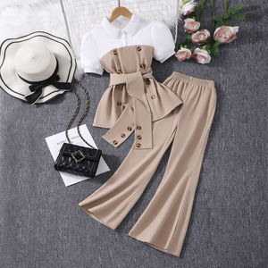 Vêtements d'été pour filles, nouveau haut à manches courtes bouffantes en patchwork + ensemble <span class=keywords><strong>pantalon</strong></span> décontracté à deux pièces - Product Image 1