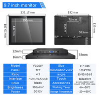 Monitor Táctil de Marco Abierto de 9.7 Pulgadas, 1024*768, Resistente al Agua, Pantalla Táctil Capacitiva, Montaje en Pared, HDMI, VGA, Monitor LCD Industrial