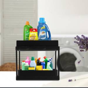 Organisateur de tiroir coulissant à 2 niveaux en ABS et métal pour meuble sous-évier, facile à nettoyer, noir, pour salle de bain et cuisine - Product Image 6