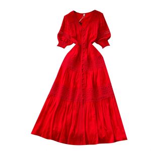 เดรสลำลองทรงเอไลน์สีแดง แขนสั้น คอวี แต่งผ้าลูกไม้ฉลุลาย สไตล์วินเทจสำหรับฤดูร้อน เหมาะสำหรับผู้หญิง - Product Image 5