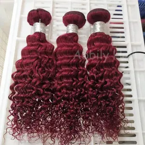 Extensão de cabelo, atacado barato 10a 12a remy onda de água cabelo brasileiro virgem pacotes com fechamento borgonha vermelha