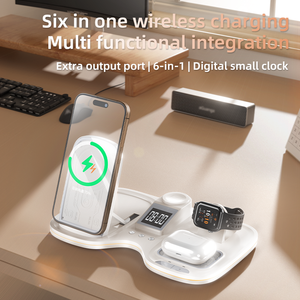 Station de charge sans fil magnétique pliable multifonctionnelle 6 en 1 pour <span class=keywords><strong>iPhone</strong></span>, montre intelligente, charge rapide 15W avec réveil lumineux - Product Image 2