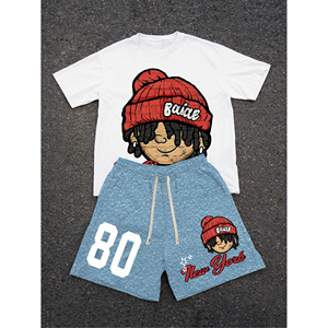 Completo Estivo da Uomo Personalizzabile con Logo Sublimato, Set Due Pezzi con Pantaloncini e T-Shirt Stampati con Grafica a Lettere, Vita Elastica, Vendita all'Ingrosso per lo Street Style - Product Image 5