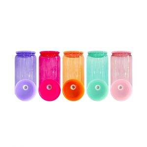 China Warehouse Blank Sublimation 16oz Borosilicate <b>clear</b> Transparent Colored Candy <b>Jelly</b> Beer Glass Can with Plastic Lid - Product Image 1