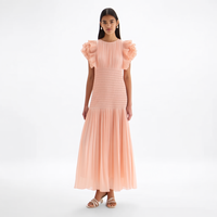 Nouvelle Robe Longue Plissée Pêche à Col Rond et Manches Courtes Volantées, Taille Haute Smockée, à Étages, Personnalisée pour Femme, Idéale pour les Vacances