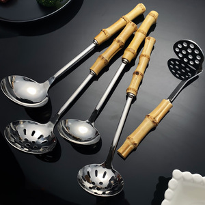 Ensemble de louches à soupe en acier inoxydable avec manche en bambou pour service buffet, ustensiles de cuisine de restaurant, passoire et cuillère de service - Product Image 5