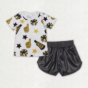T-shirt a maniche corte con stampa Cheer per bambine e pantaloncini in pelle lucida, 2 pezzi, abiti estivi - Product Image 3