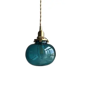 Creative individual bronze round clear blue green hand blown glass ball lampshade pendant light in hotel