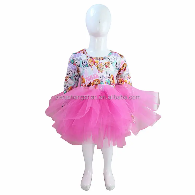 Boetiek Baby Meisjes Lange Mouw Tutu Jurk Melk Zijde Cartoon Print Kids Custom Tule Jurk Voor Kinderen