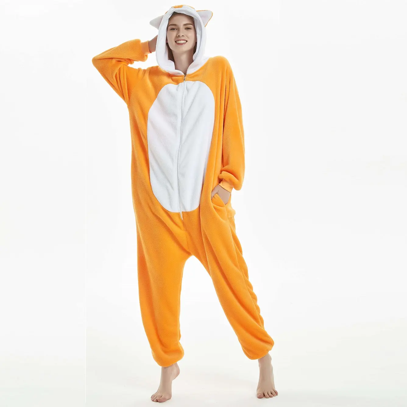 IN-STOCKED Retail Wholesale Fox Cartoon Flannel Jumpsuit Fox Costume Party Cosplay Clothes Adult Onesie Pajamas