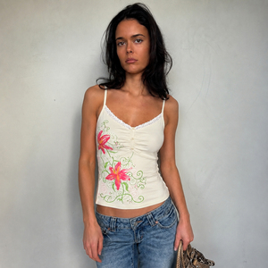 American Sweetheart Lace <b>Patchwork</b> Floral Print V Neck Camisole Ruched Button Detail Slim Fit Tank <b>Top</b> for Women - Product Image 2