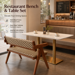 Panca e sedie con struttura a A in legno scuro e cuscini intrecciati, tavolo da pranzo per ristorante con piano in marmo bianco e piedistallo dorato per caffè e bistrot - Product Image 3