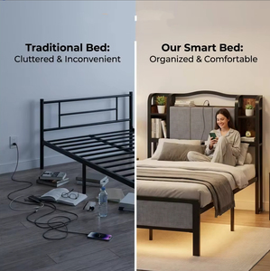 <span class=keywords><strong>Letto</strong></span> Moderno Minimalista <span class=keywords><strong>in</strong></span> <span class=keywords><strong>Ferro</strong></span> Spesso con Schienale e Testiera Imbottita, Spazio Contenitore e Presa di Corrente - Product Image 4
