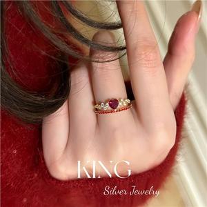 King Silver Jewelry 925 Sterling Silver Gold Plated Heart <b>Ring</b> Red <b>Crystal</b> Pave Setting Women's Gift Fine <b>Rings</b> - Product Image 4