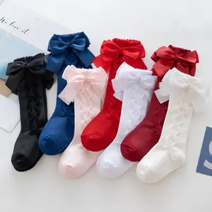 Calcetines hasta la rodilla con lazo grande para niñas, calcetín de algodón para bebés, de tubo largo, rojo, navidad