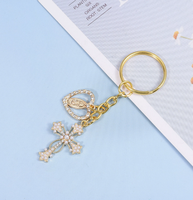 Porte-clés en métal doré pour femme avec pendentif cœur en strass et perles, Vierge Marie, croix, breloques pour voiture/sac à dos/sac