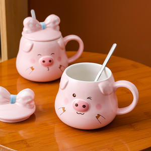 Creative Pink Girl Cartoon <strong>Pug</strong> Shaped Ceramic <strong>Mug</strong> With Handle and Bow Lid Porcelain Breakfast Coffee Cup Beer Milk Hot Thermal - Product Image 4