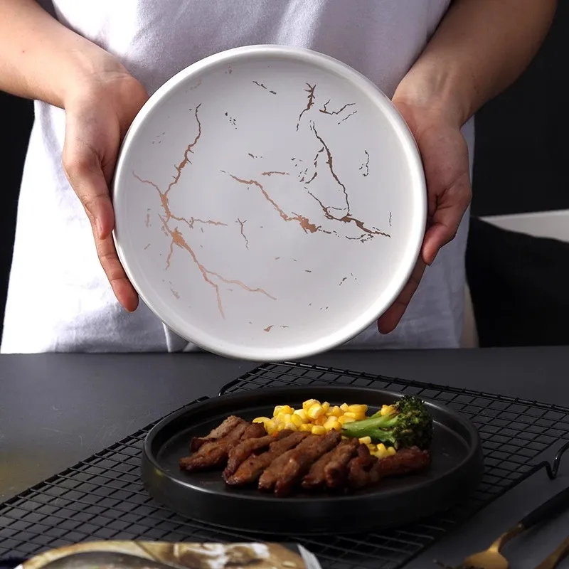 จานเซรามิกลายหินอ่อนสีขาวทอง20ซม.,ชุดเครื่องใช้บนโต๊ะอาหารชุดเครื่องใช้ในครัวจานสเต็กของหวานตกแต่งแบบยุโรป