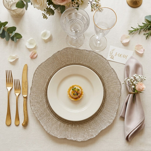 Assiette de présentation ronde texturée en verre or champagne de 13 pouces, bord ondulé irrégulier, pour décoration de table de mariage, vente en gros - Product Image 3