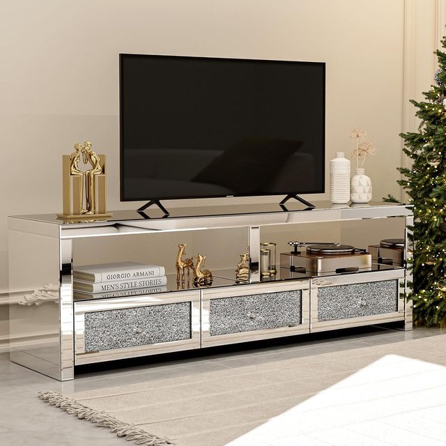 Mirrored TV Stand Silver TV Console Table With 3 Crushed Diamond Drawers and Shelves for Living Room Bedrooms