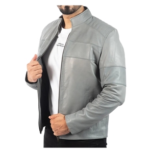 Chaqueta de Motociclista de Cuero Genuino Gris para Hombre, Chaqueta de Motociclista Vintage con Cuello Alto, Tela de PU No Tejida, Cierre de Cremallera, Corte Entallado - Product Image 2