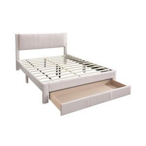 "Estructura de cama de panel de madera con diseño de textura de pana-Cama de almacenamiento tamaño Queen en rosa claro" - Product Image 4