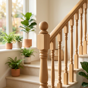 Poteau d'escalier traditionnel en bois massif avec embout sphérique, balustre pour rénovation de maison, fournisseur et fabricant en gros - Product Image 1