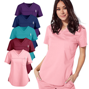 Women's Scrub Set V-Neck Short Sleeve Knitted Breathable Jogging Uniform Pink Navy Blue Purple Burgundy Lake Blue S XXL - Product Image 4