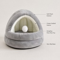 Lit pour chat semi-fermé style igloo, en peluche grise, avec jouet pompon suspendu, nid douillet et chaud pour animaux de compagnie, vente en gros
