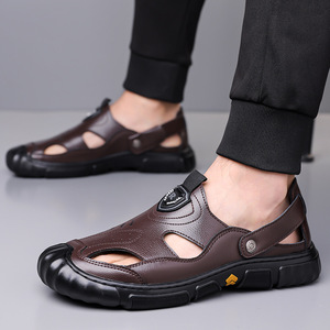 Sandales en cuir à enfiler pour hommes, noires, respirantes, à semelle souple, chaussures de conduite, taille adulte 40 41 42 43 44 45 - Product Image 2